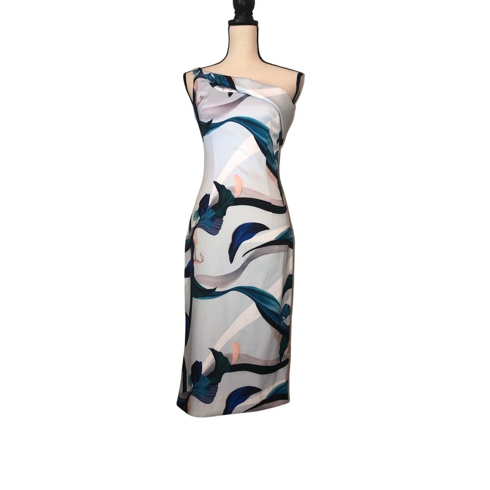Black Halo Eve Dress Size 2 Blue Floral One Shoulder Midi Wedding Guest Altered